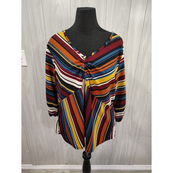 Goddess Shirt Multicolor Striped V Neck Tasseled Plus Long Sleeve Women's 1X - Picture 1 of 8